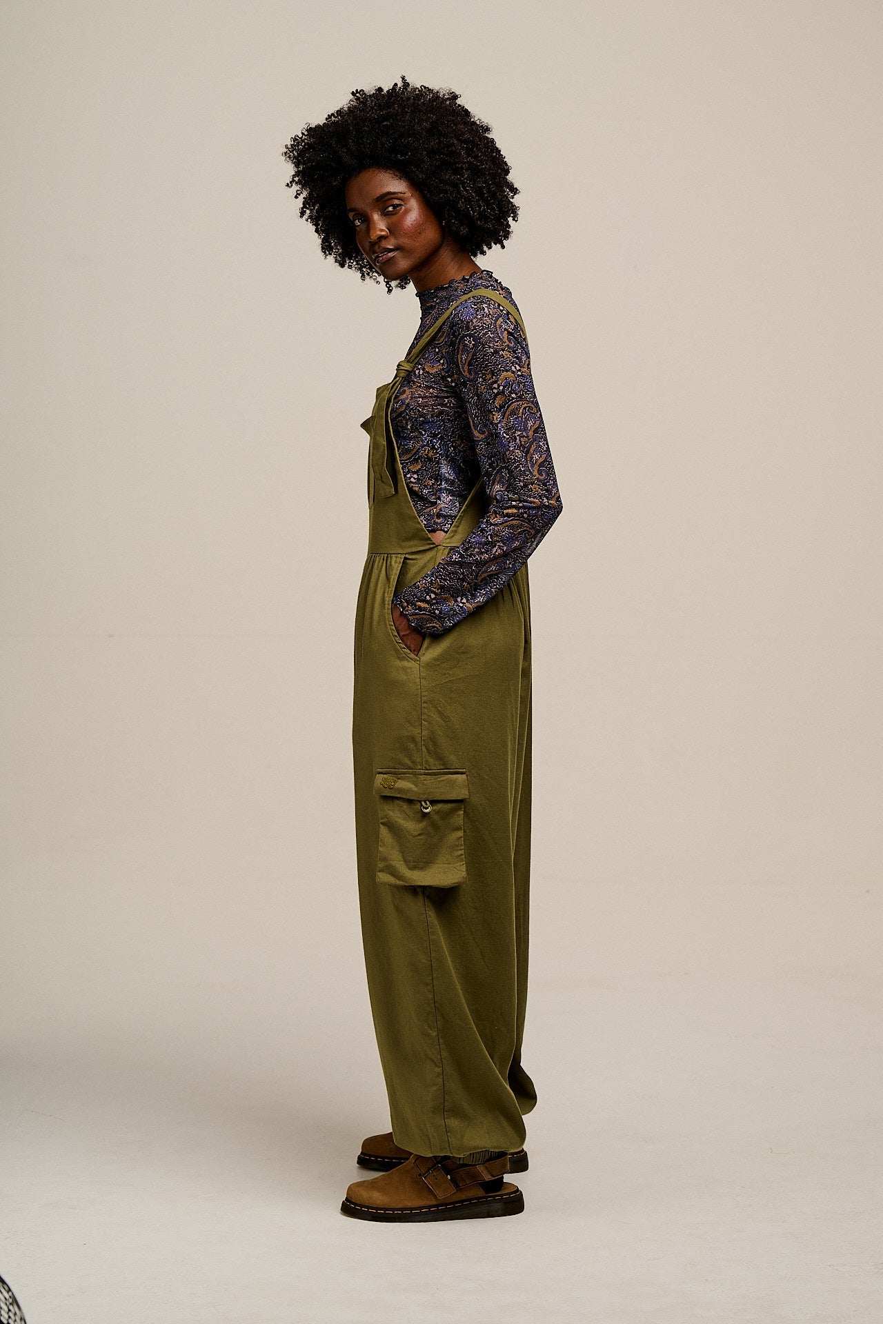 Miyada - Brushed Cotton Dungarees in Khaki Green