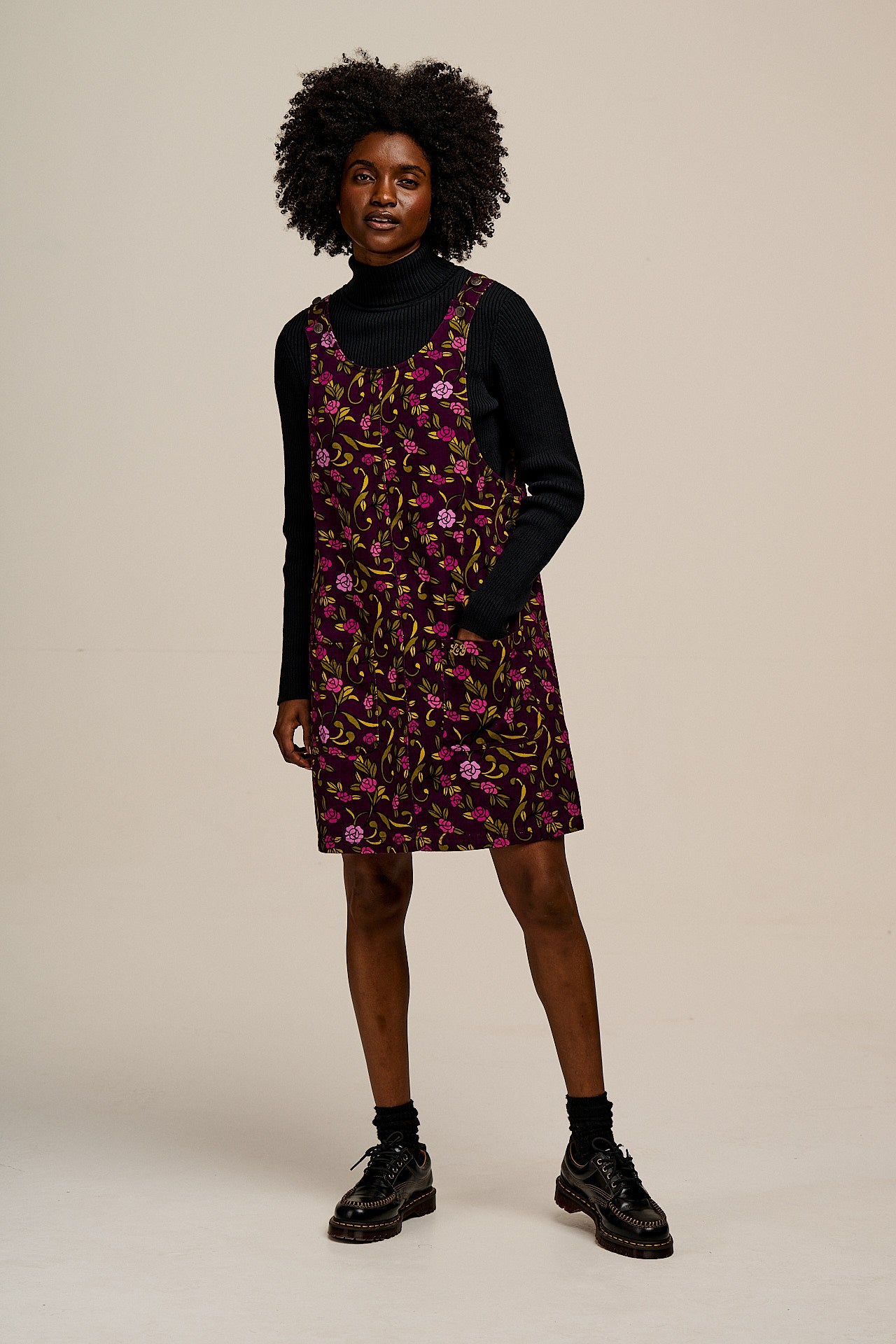 Layla - Mini Cotton Dress in Purple Grunge Floral Print