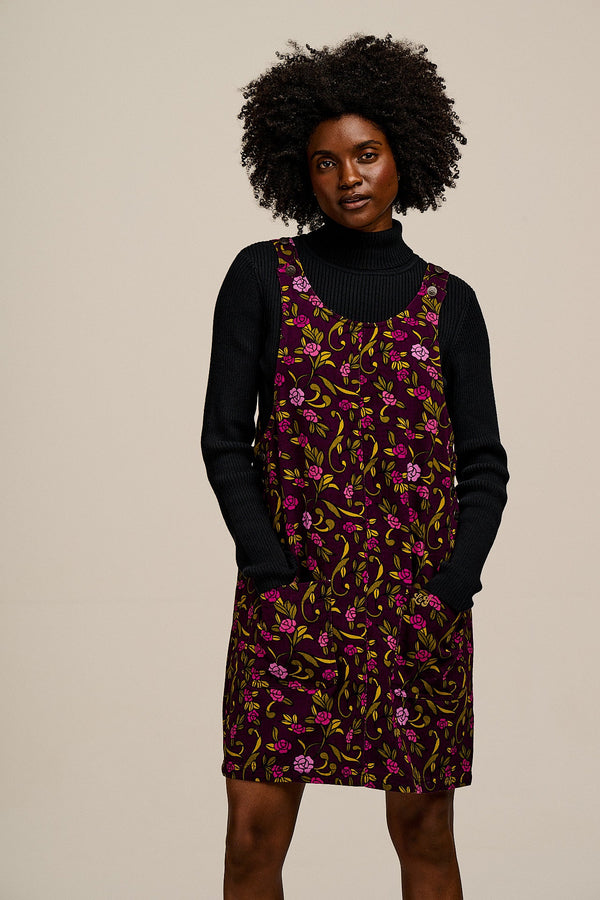 Layla - Mini Cotton Dress in Purple Grunge Floral Print