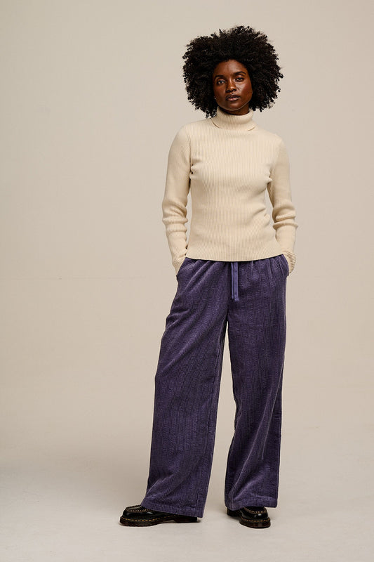 Norris - Wide Leg Corduroy Trousers in Blueberry Mist