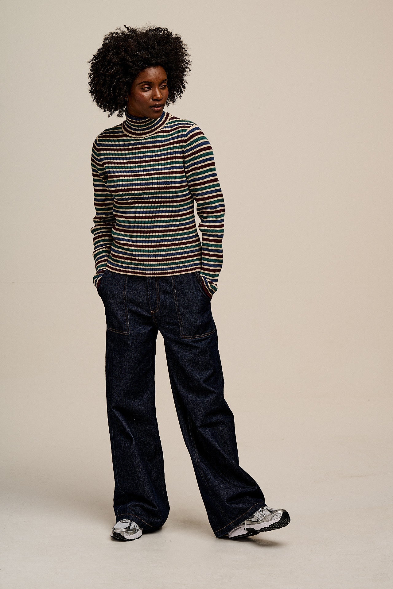 Eva - Cotton Funnel Neck Long Sleeve Top in Earthy Stripe