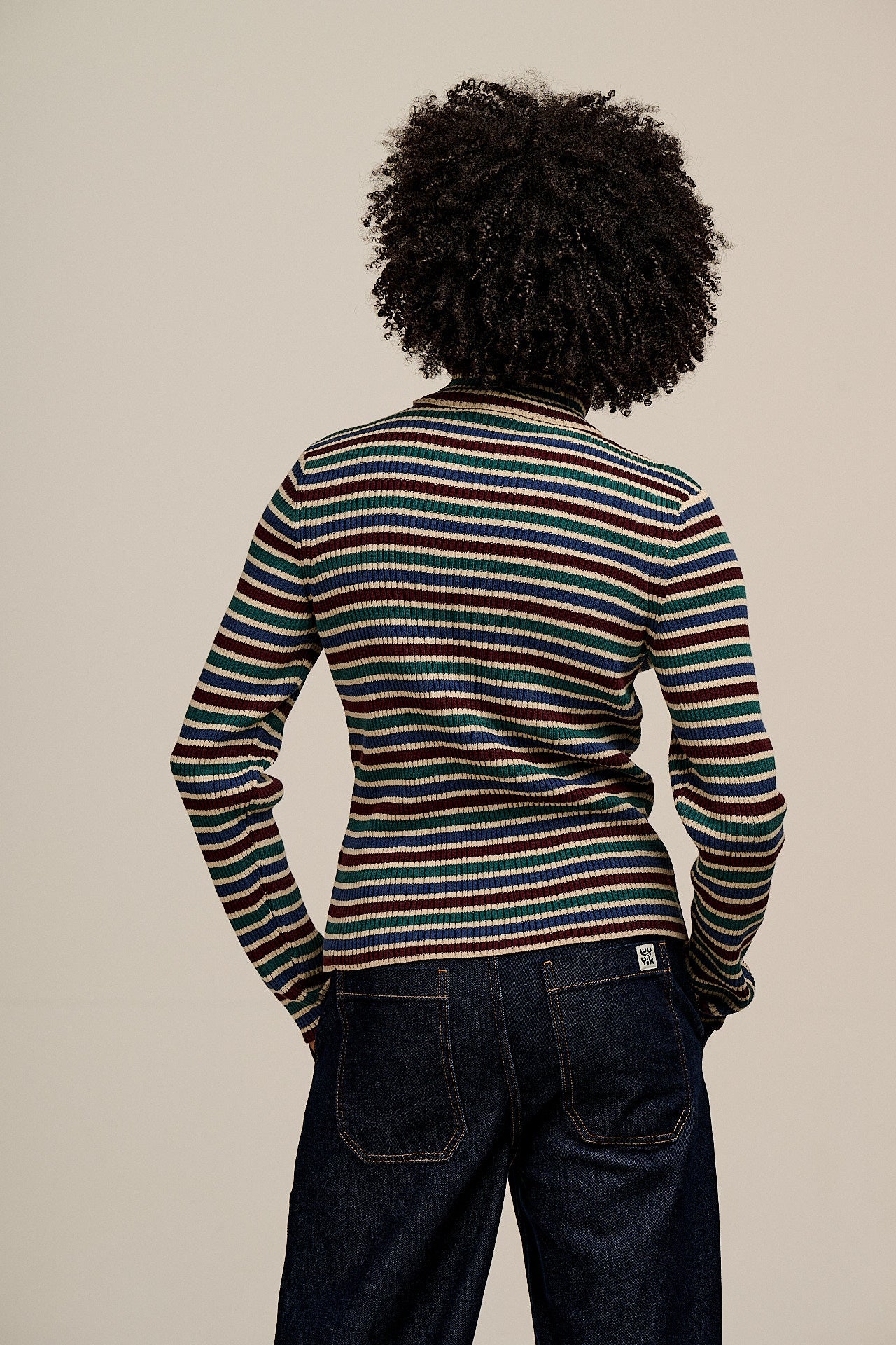 Eva - Cotton Funnel Neck Long Sleeve Top in Earthy Stripe