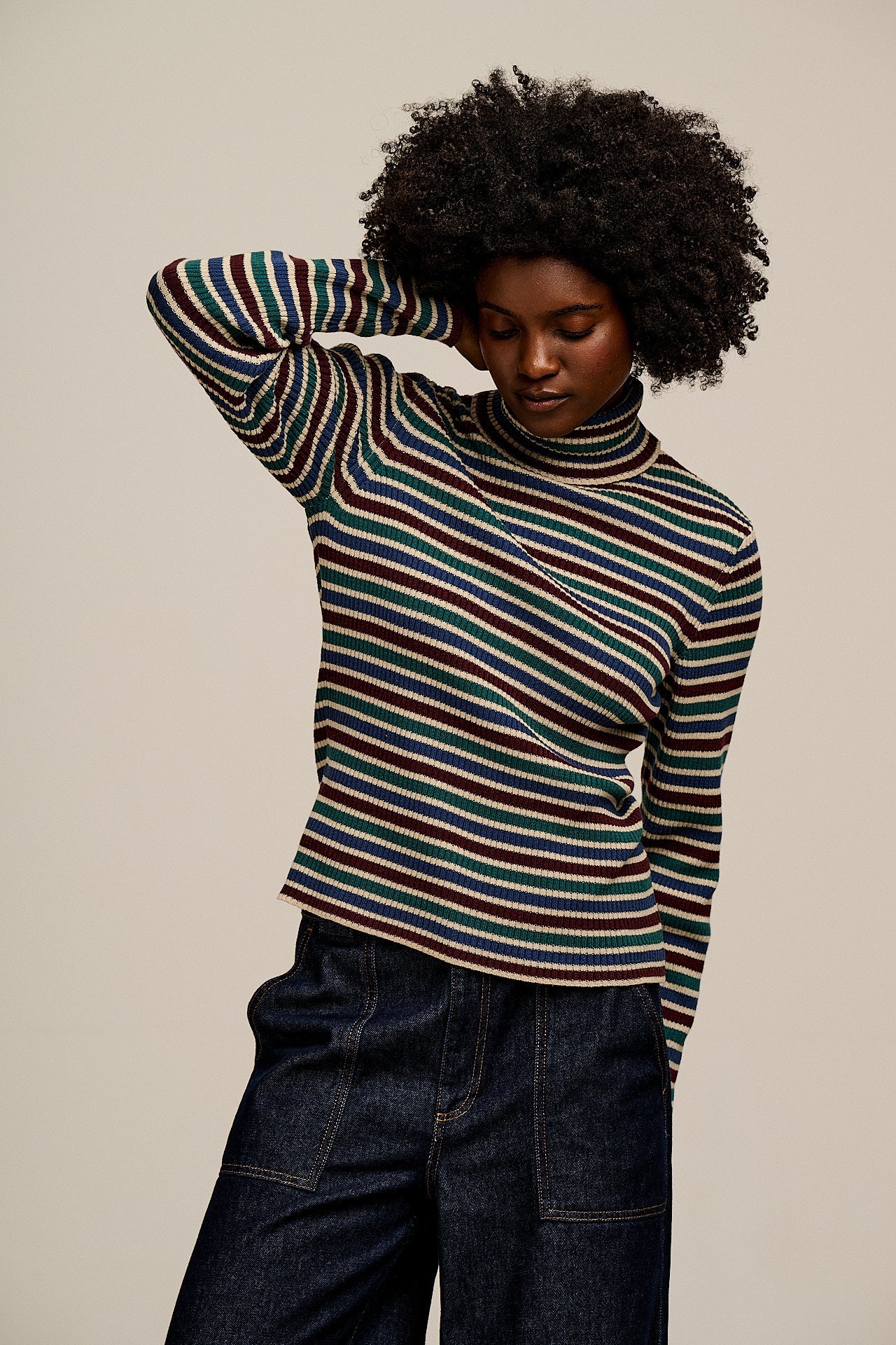 Eva - Cotton Funnel Neck Long Sleeve Top in Earthy Stripe