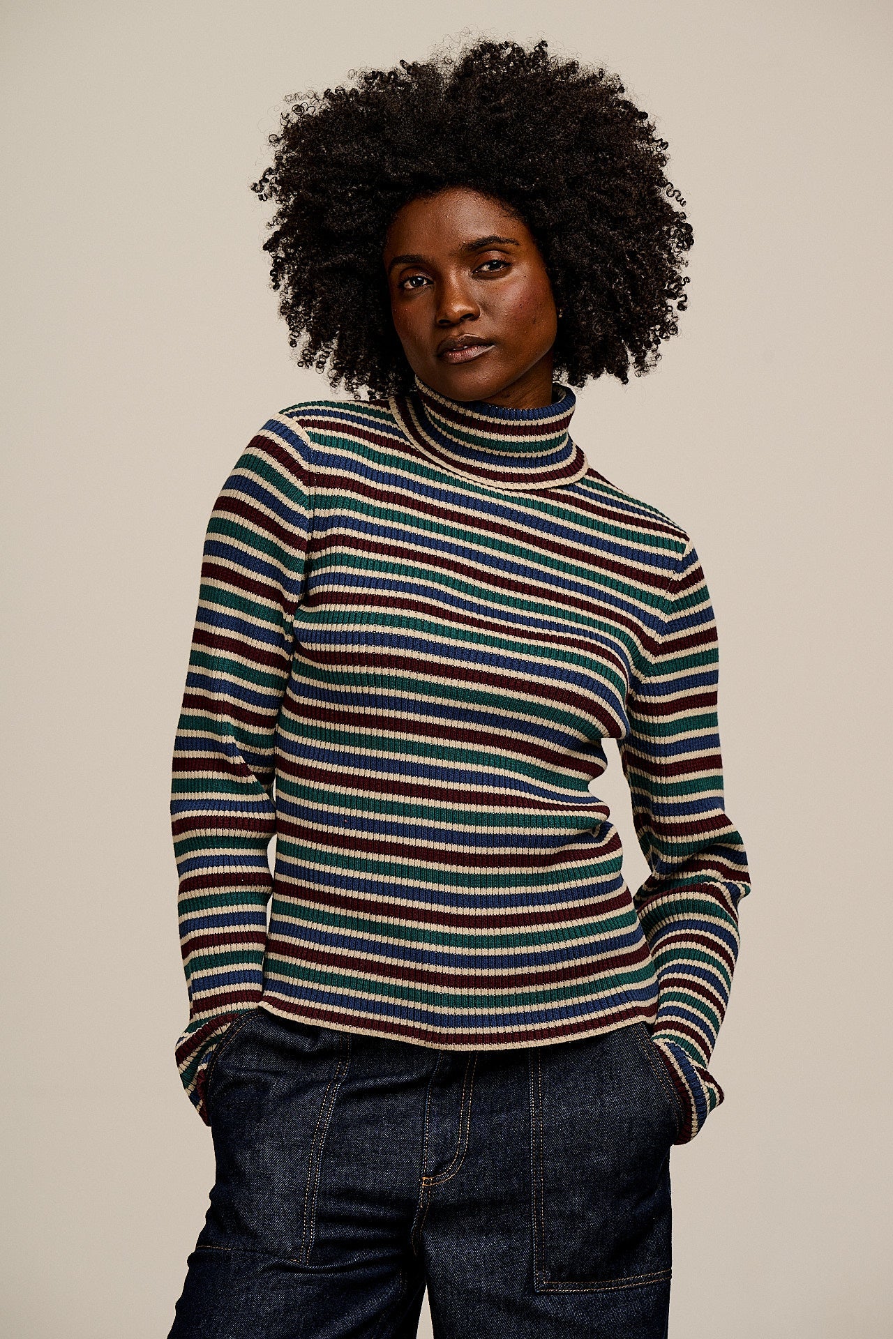 Eva - Cotton Funnel Neck Long Sleeve Top in Earthy Stripe