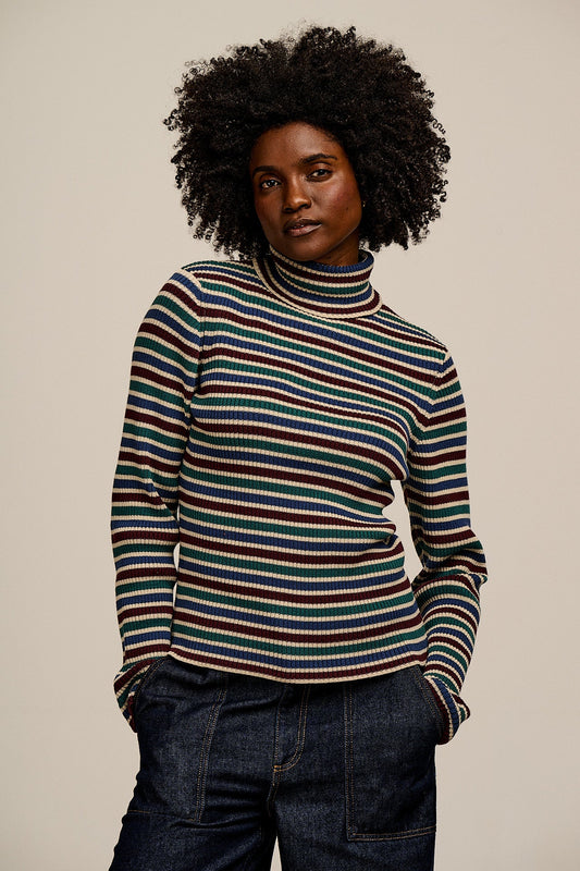 Eva - Cotton Funnel Neck Long Sleeve Top in Earthy Stripe