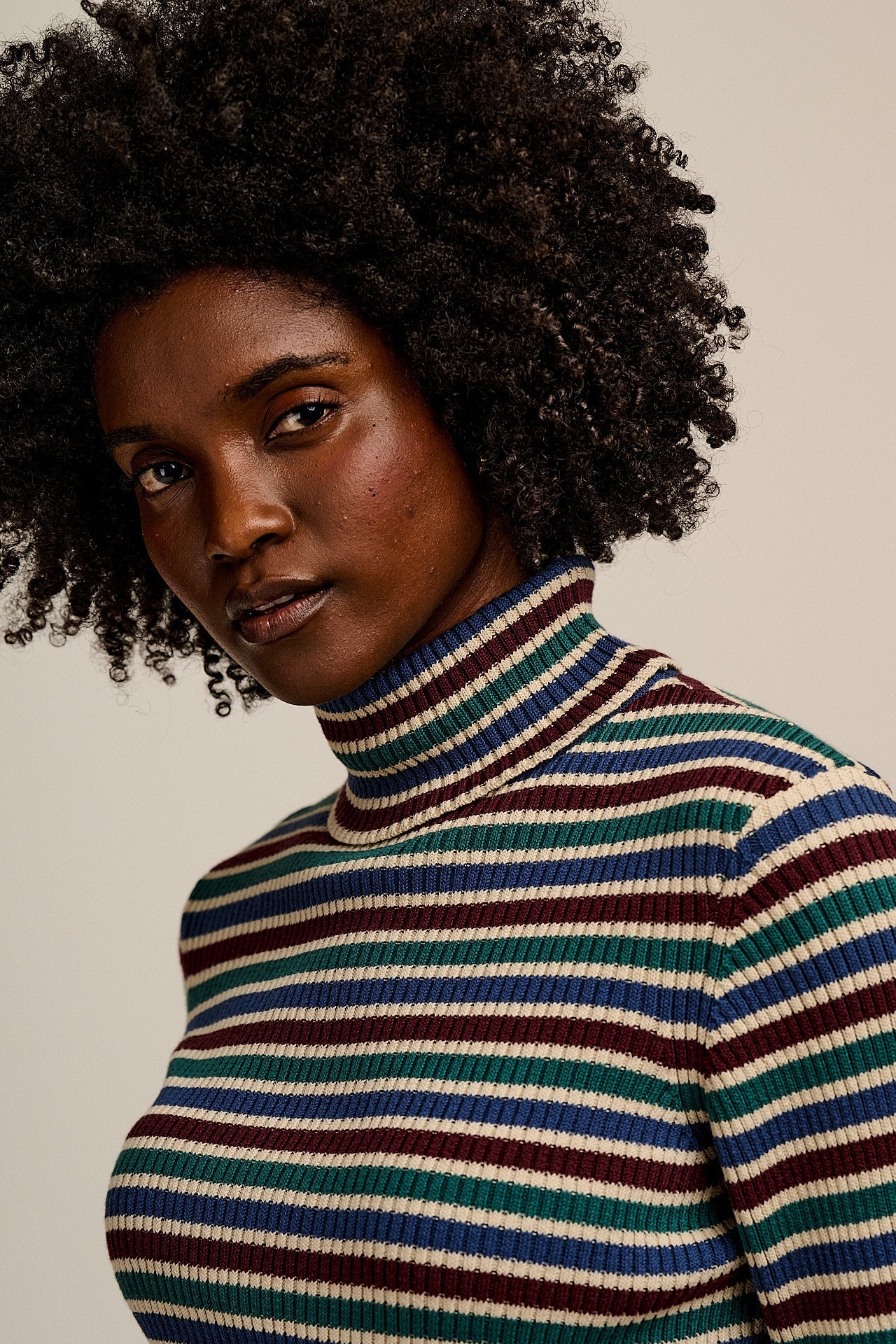 Eva - Cotton Funnel Neck Long Sleeve Top in Earthy Stripe