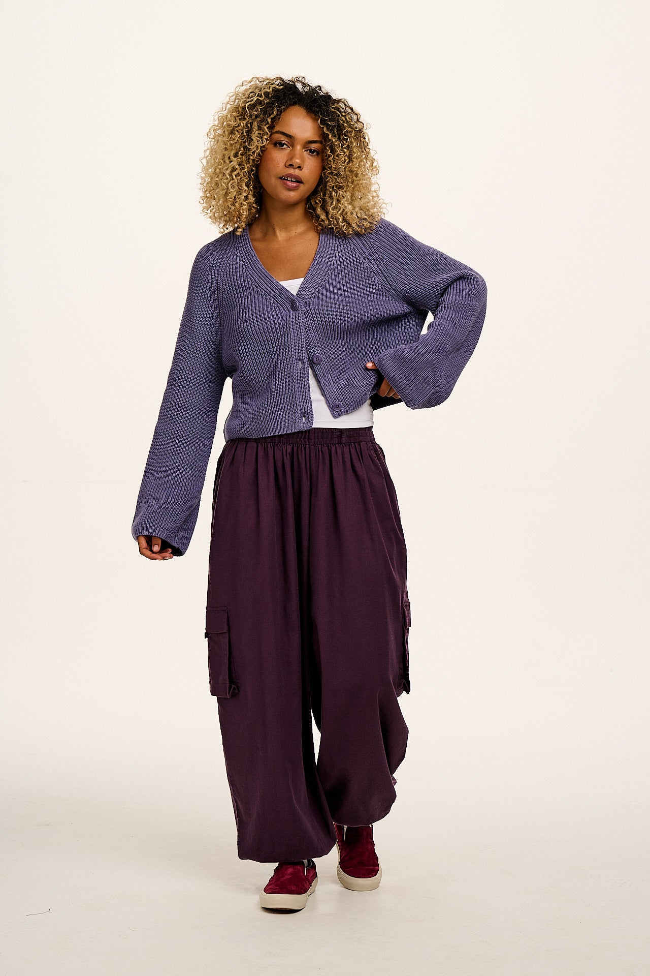 Robyn - V-Neck Cotton Cardigan in Purple