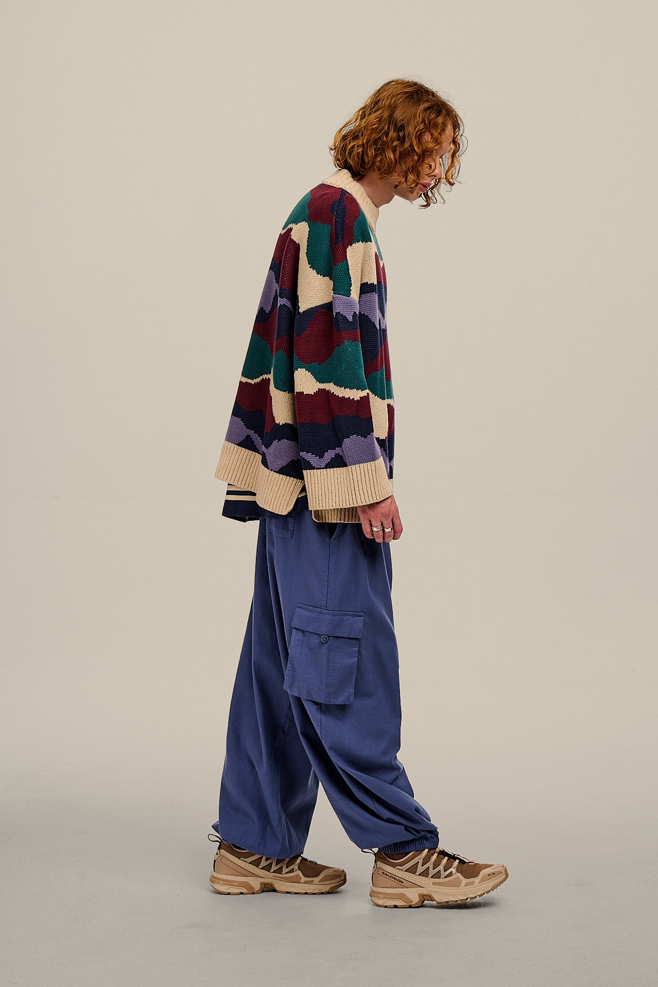 Rumi - Brushed Cotton Barrel Trousers in Grey Blue