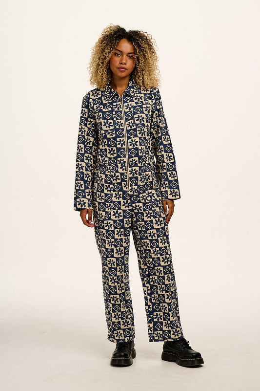 Arendal - Cotton Long Sleeve Jumpsuit in Blue Floral Check Print