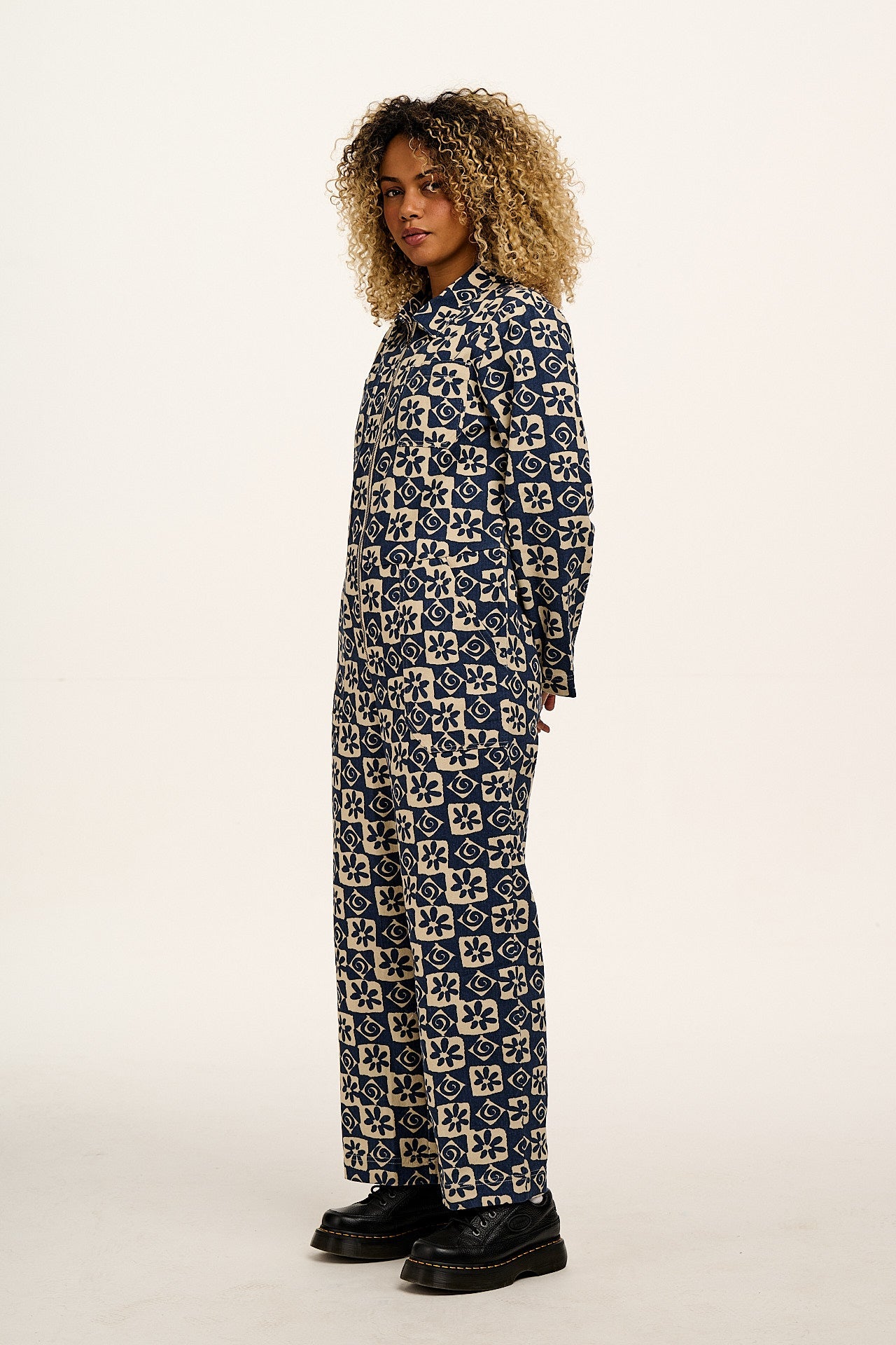 Arendal - Cotton Long Sleeve Jumpsuit in Blue Floral Check Print