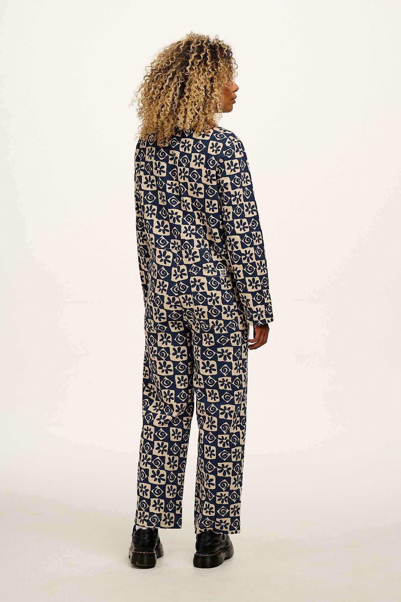 Arendal - Cotton Long Sleeve Jumpsuit in Blue Floral Check Print