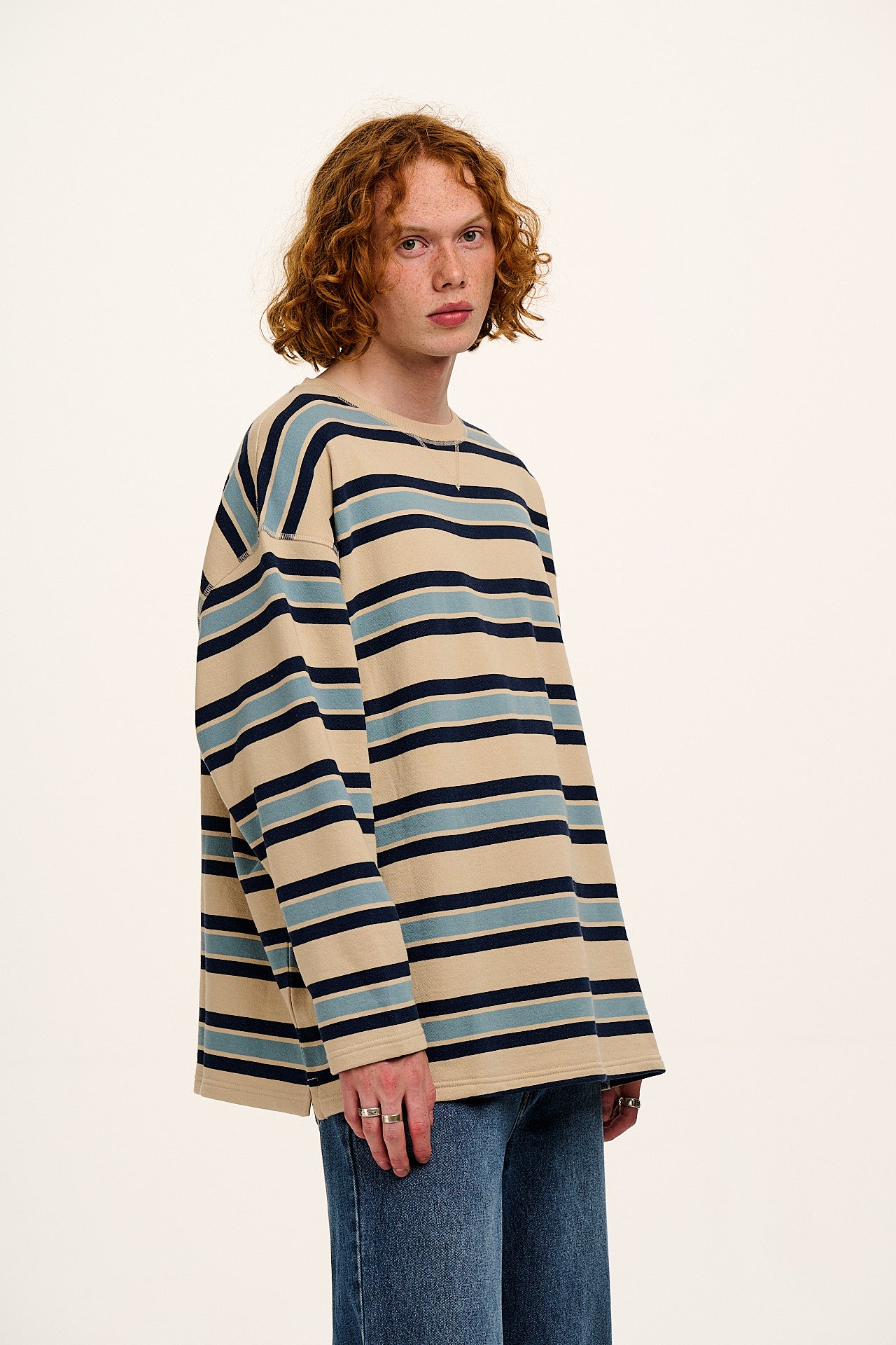 Kai - Midweight Cotton Crew Neck Sweatshirt in Blue Stripe