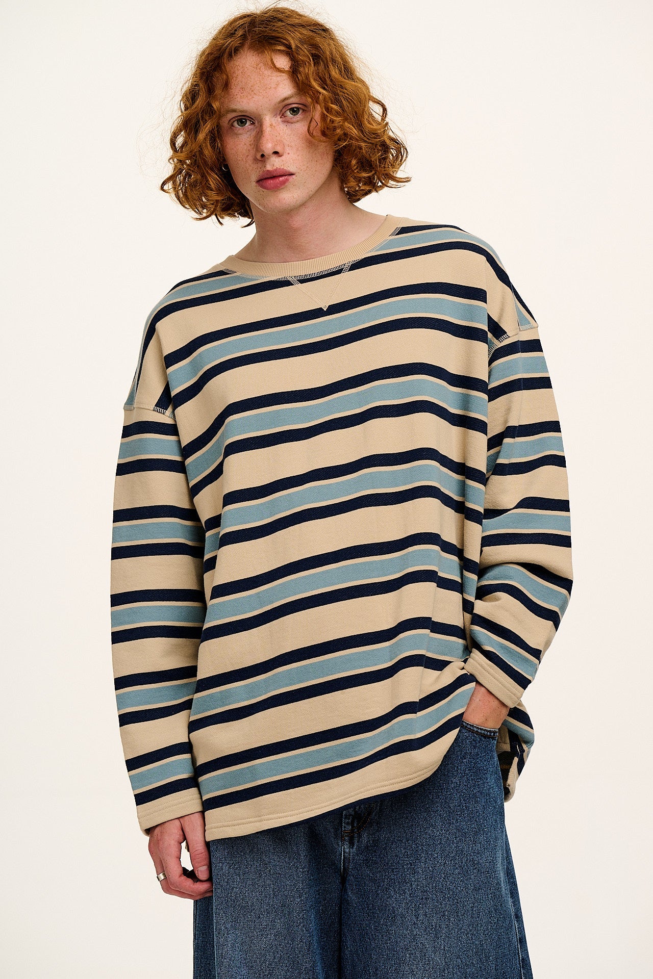 Kai - Midweight Cotton Crew Neck Sweatshirt in Blue Stripe