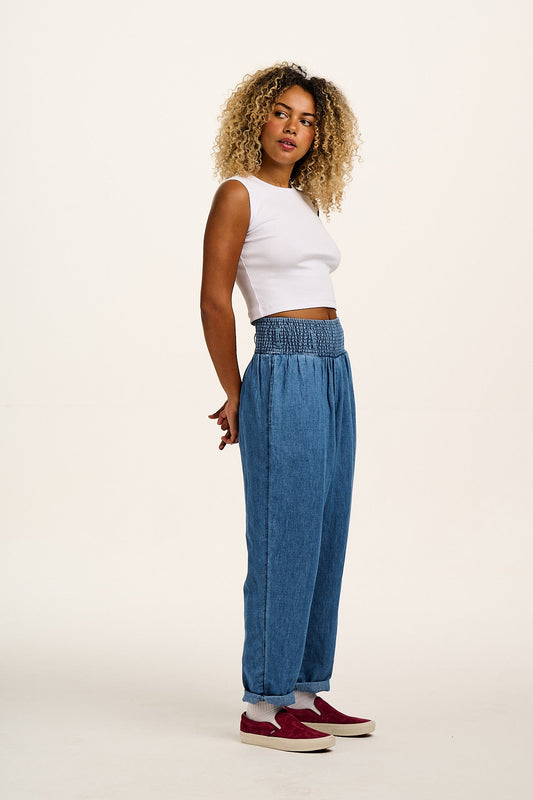 Alexa - Cotton & Hemp Trousers in Mid Wash Blue