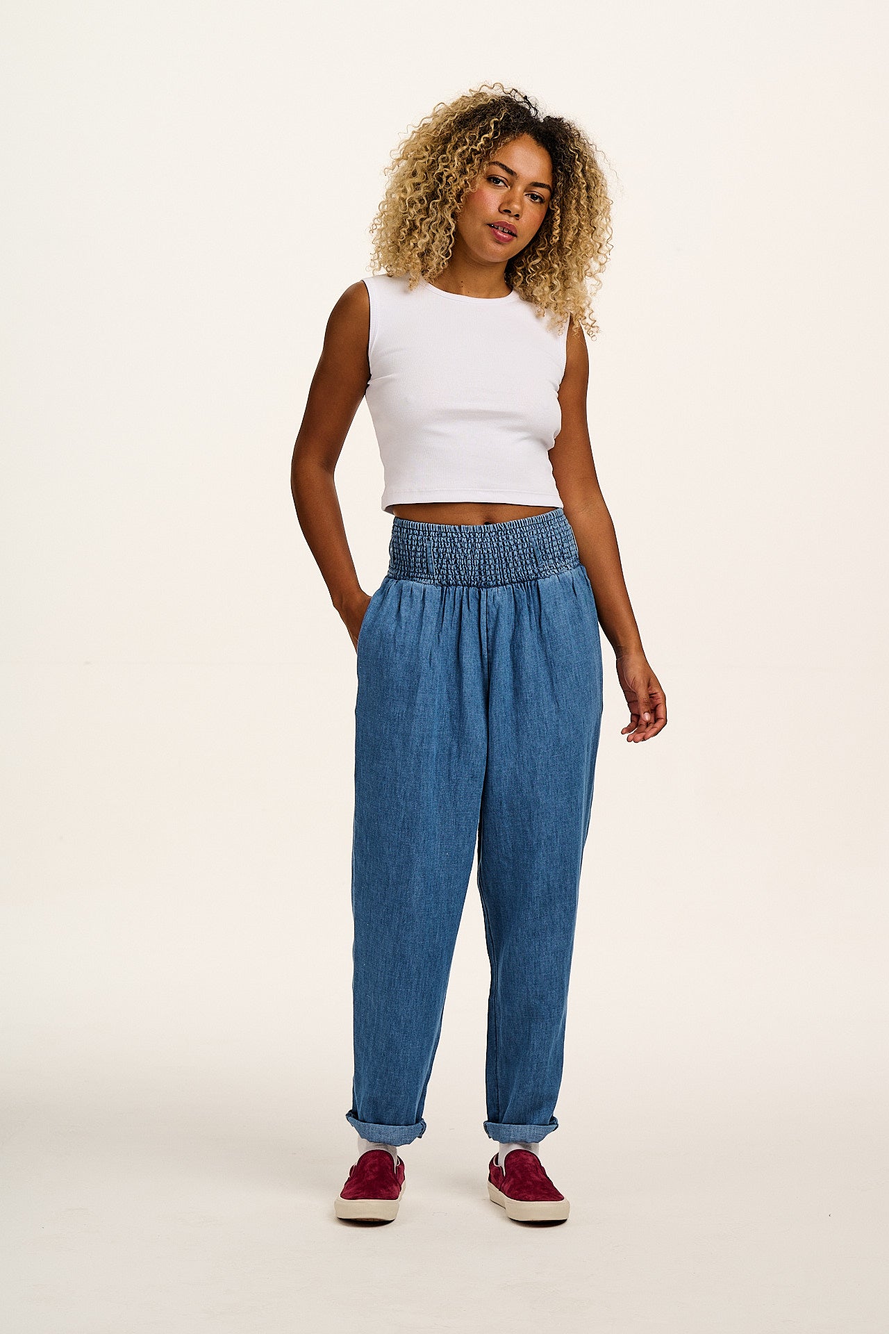 Alexa - Cotton & Hemp Trousers in Mid Wash Blue