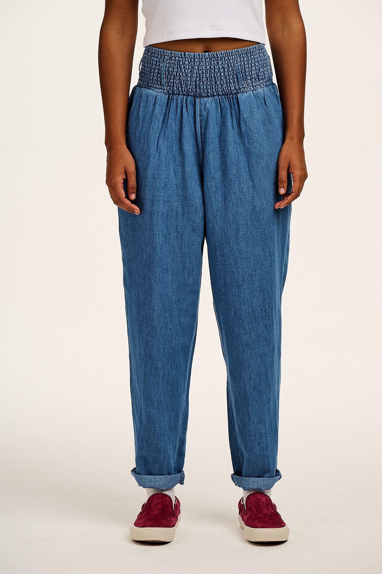 Alexa - Cotton & Hemp Trousers in Mid Wash Blue
