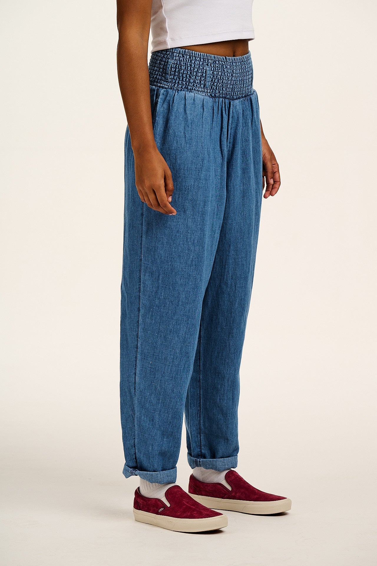 Alexa - Cotton & Hemp Trousers in Mid Wash Blue