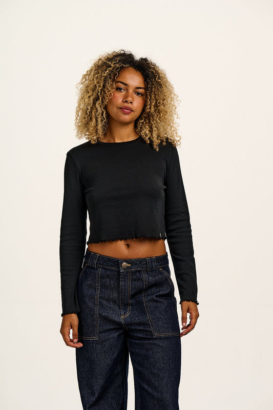 Hansel - Long Sleeve Cotton Crop Top in Black (OLD SKU)