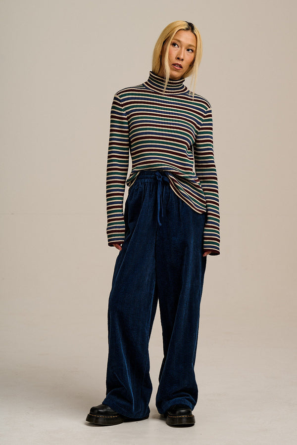 Norris - Wide Leg Corduroy Trousers in Navy