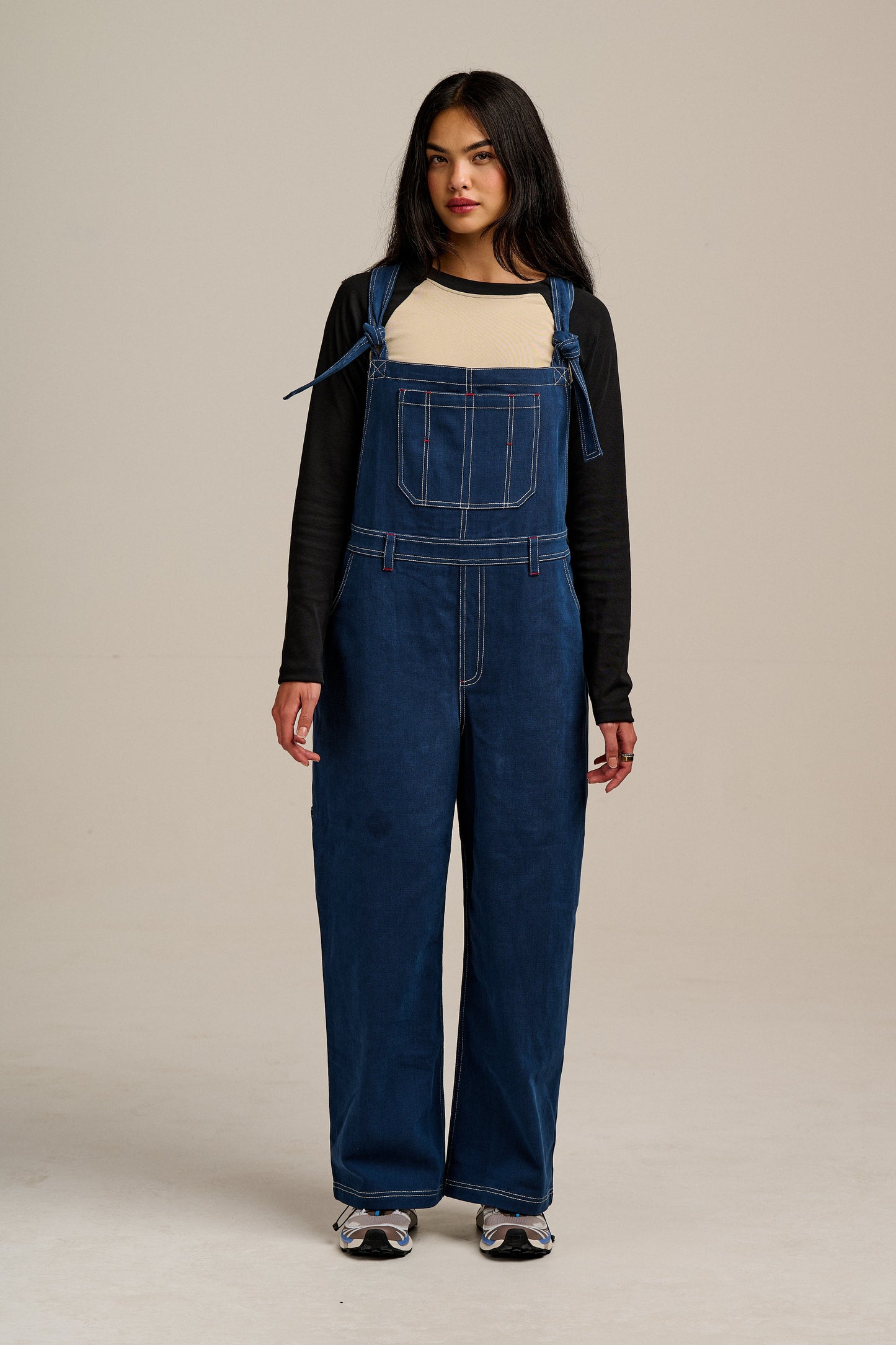 Mullen - Cotton Dungarees in Navy with Contrast Stitch
