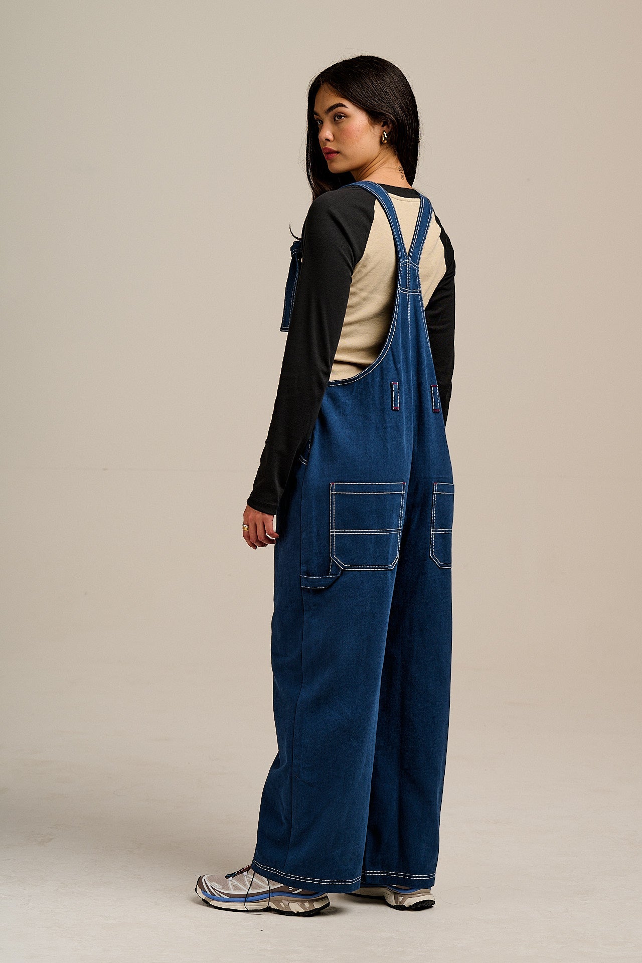 Mullen - Cotton Dungarees in Navy with Contrast Stitch
