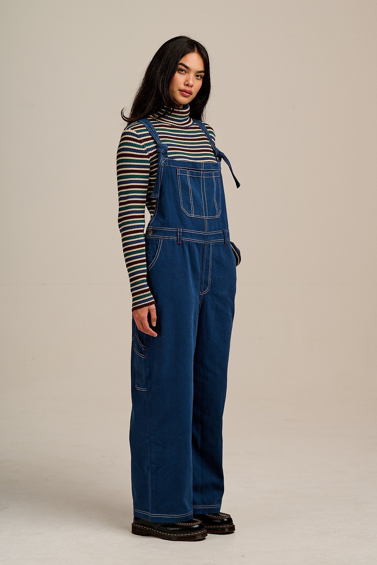 Mullen - Cotton Dungarees in Navy with Contrast Stitch