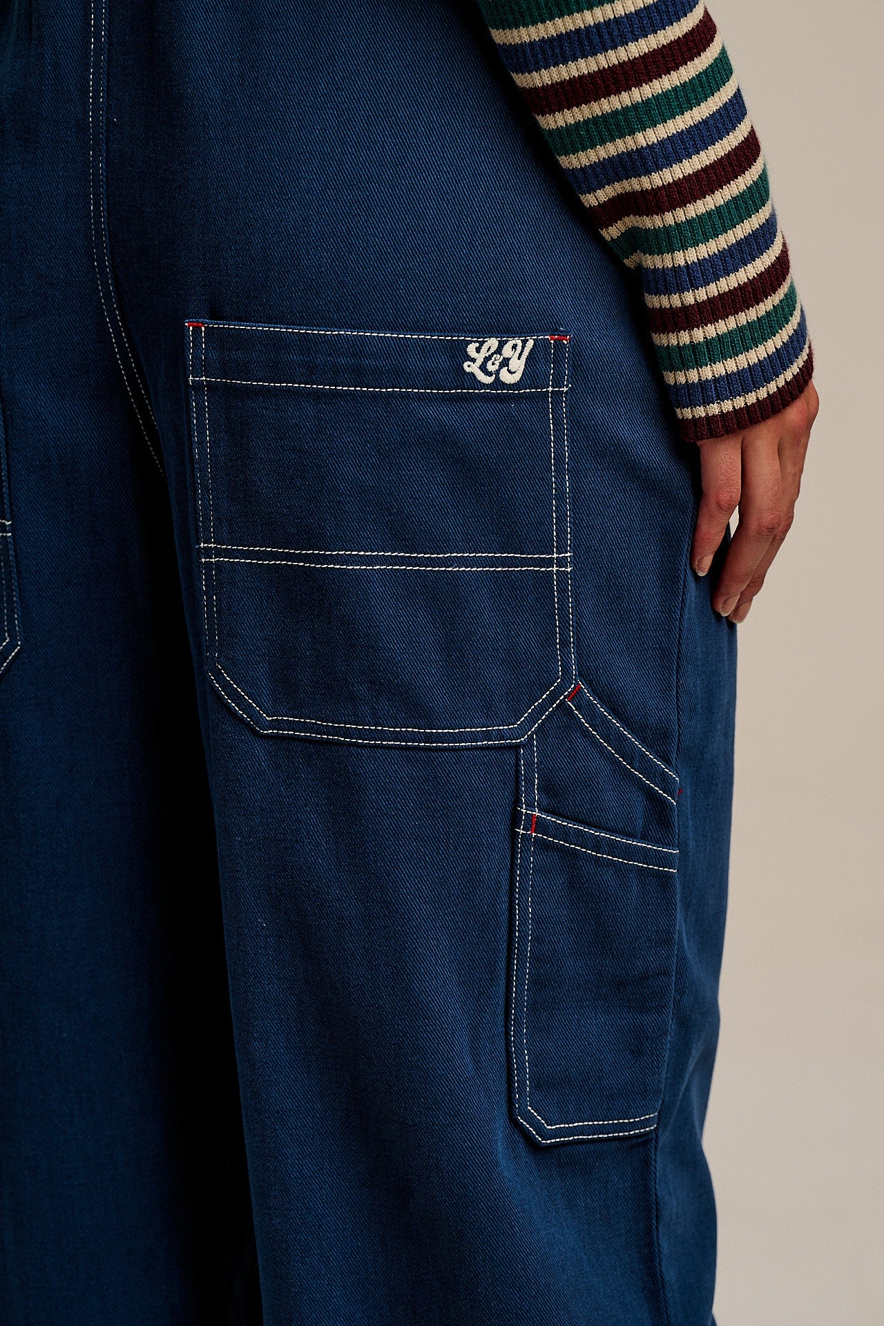 Mullen - Cotton Dungarees in Navy with Contrast Stitch