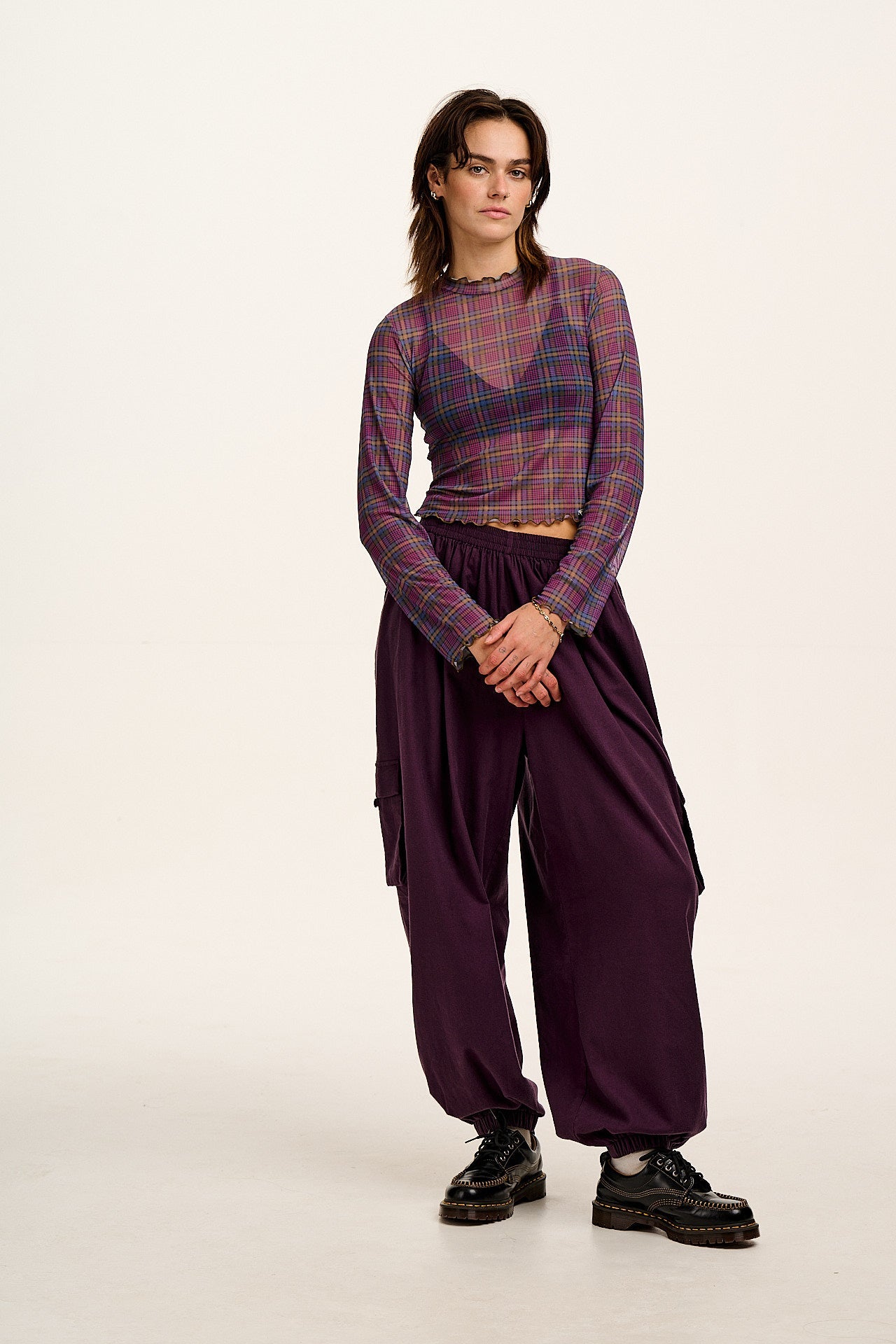 Perrie - Long Sleeve Mesh Top in Purple Grunge Check