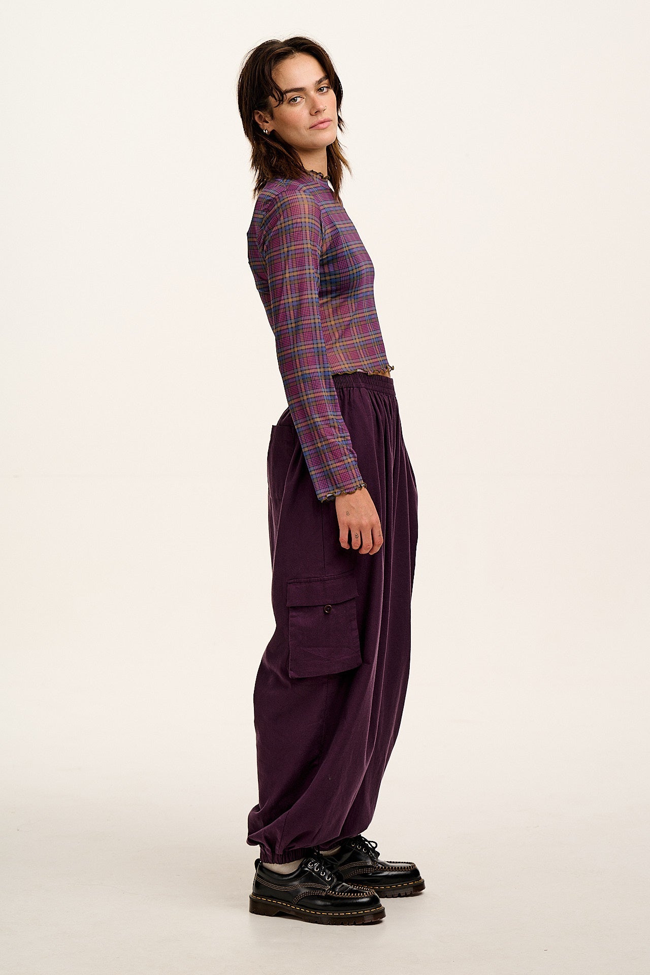 Perrie - Long Sleeve Mesh Top in Purple Grunge Check