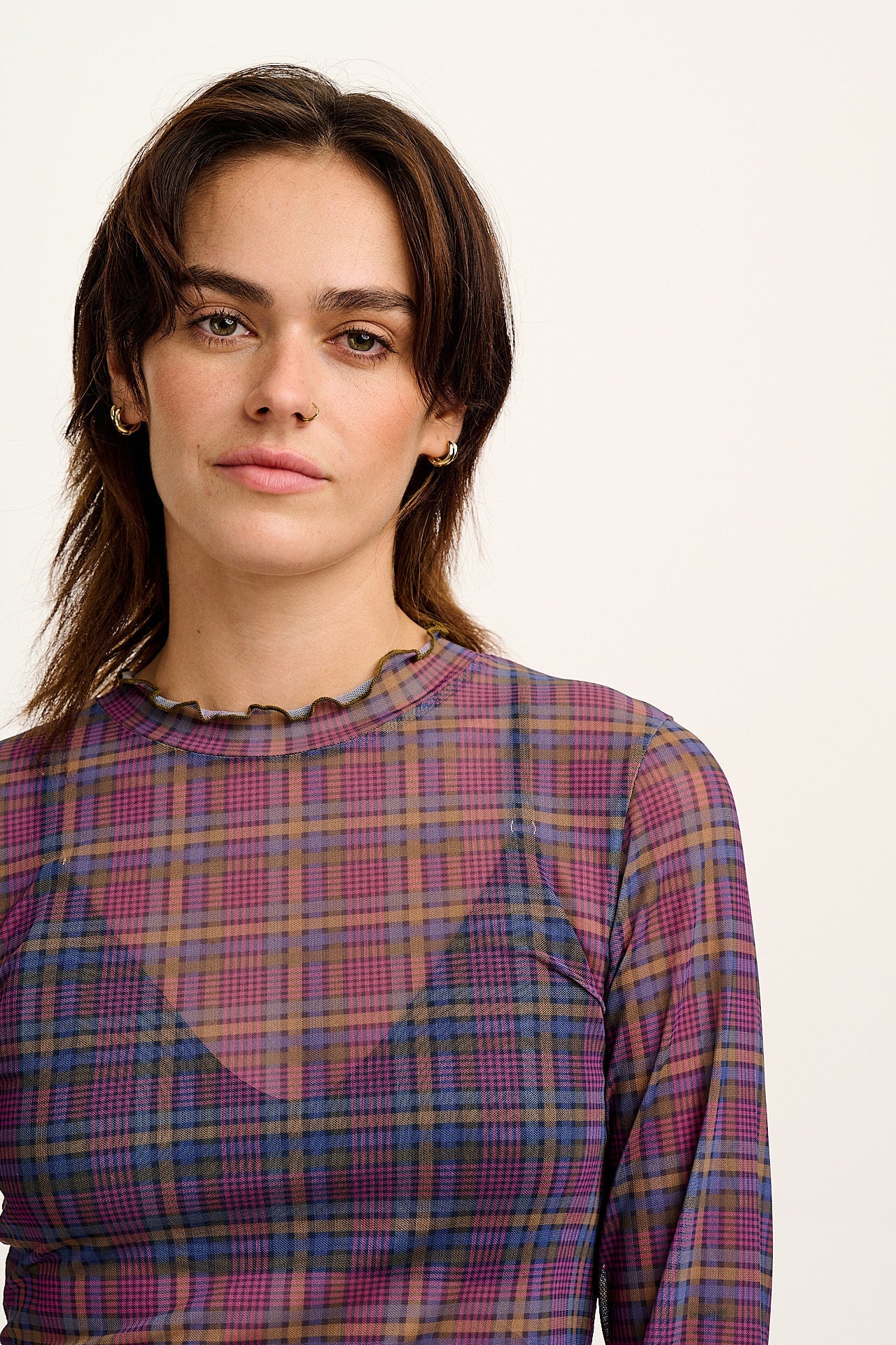 Perrie - Long Sleeve Mesh Top in Purple Grunge Check