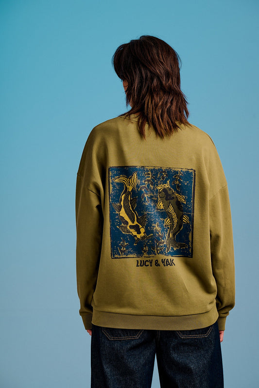 Sutton - Cotton Oversized Sweatshirt in Khaki Koi Print