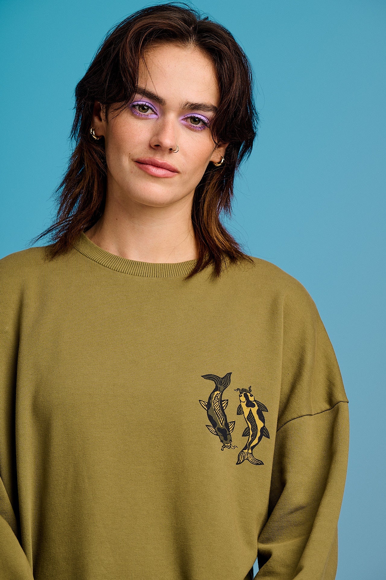 Sutton - Cotton Oversized Sweatshirt in Khaki Koi Print