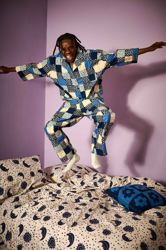 Dreamer - Brushed Cotton Pyjamas Set in Inked Blue Patchwork
