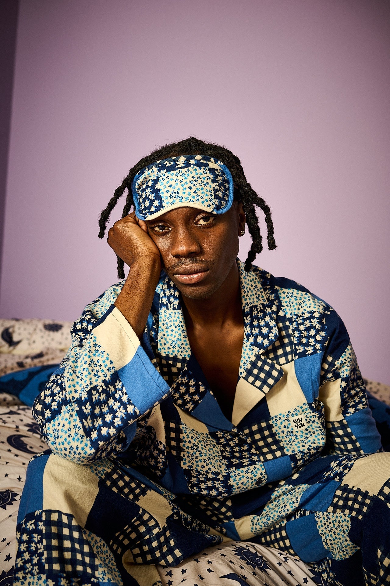 Yaima - Eye Mask in Inked Blue Patchwork