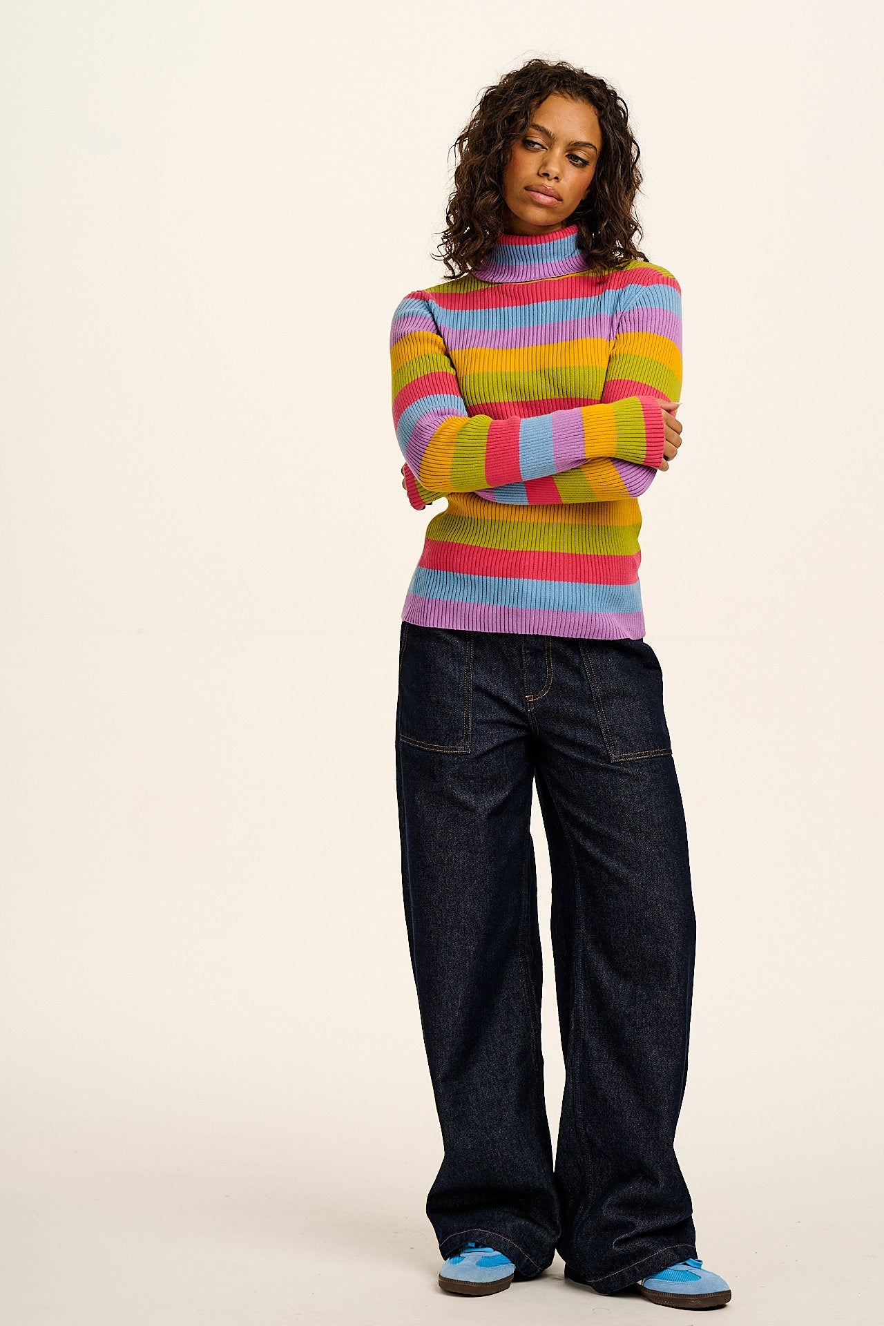 Eva - Knitted Roll Neck Long Sleeve Top in Rainbow Stripe