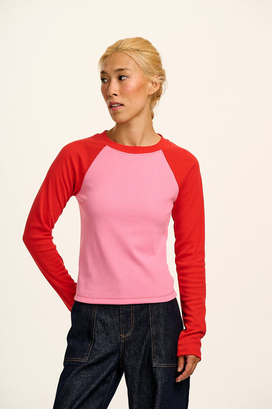 Avi - Long Sleeve Raglan Tee in Pink & Red