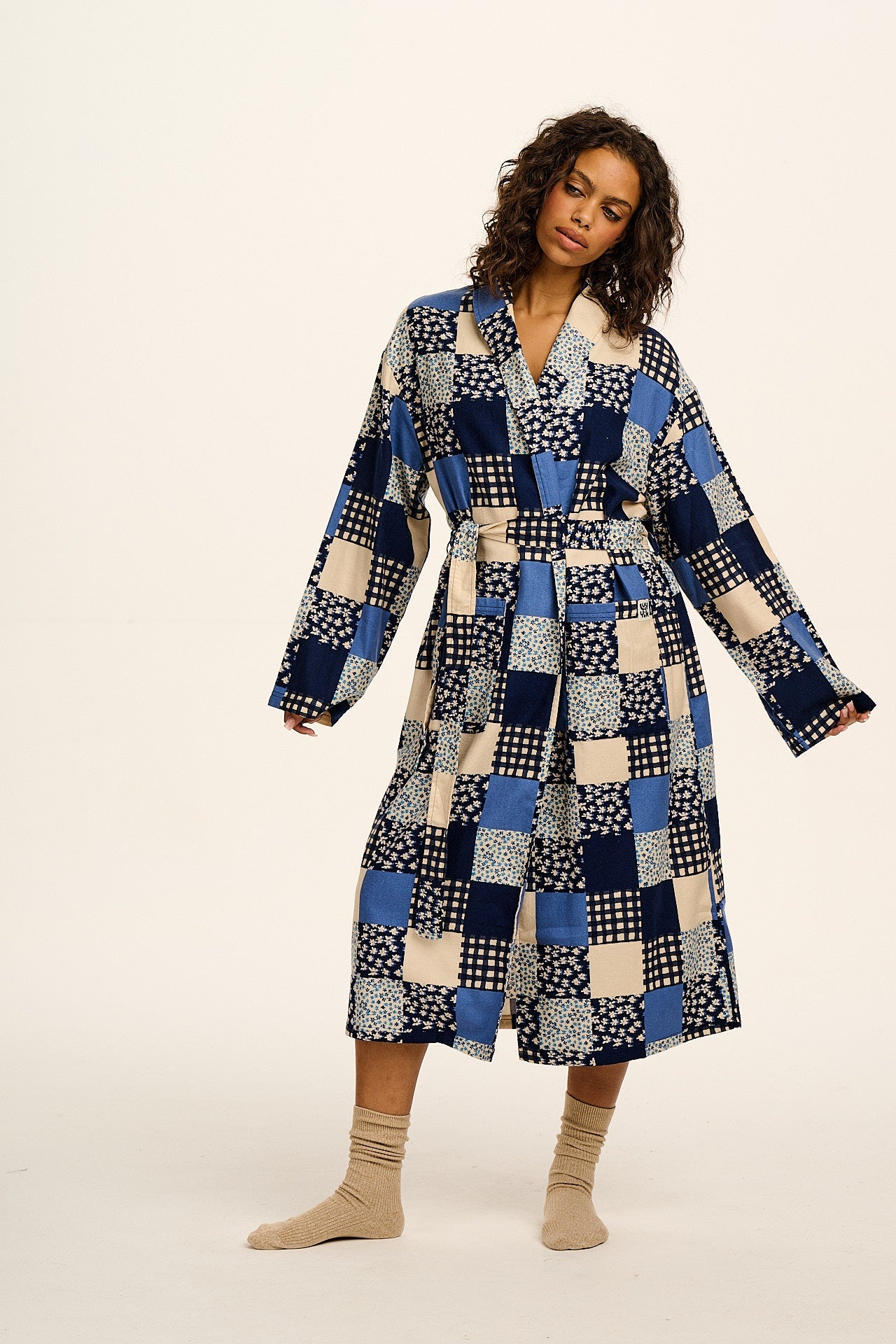 Braydon - Brushed Cotton Robe in Inked Blue Patchwork