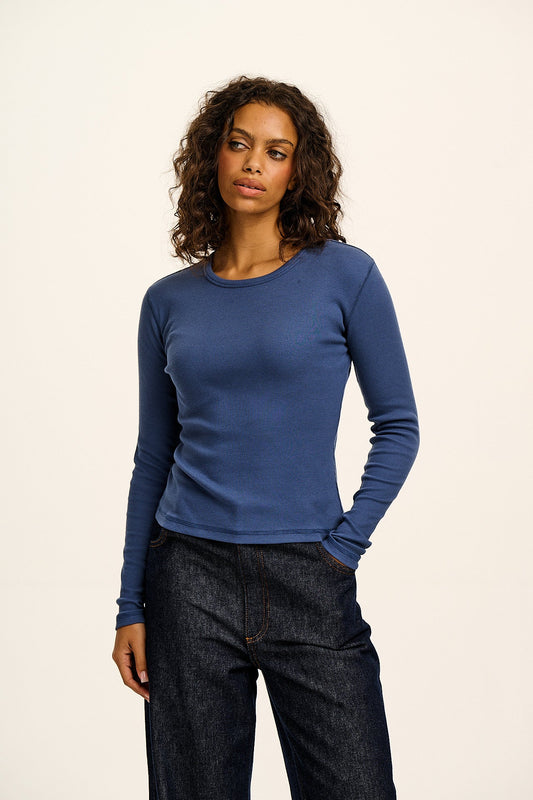 Grayson - Cotton Long Sleeve Tee in Denim Blue