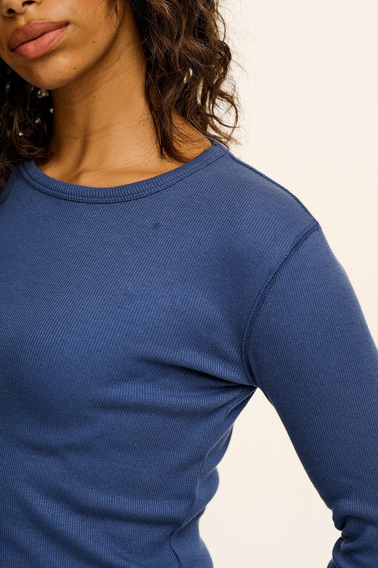Grayson - Cotton Long Sleeve Tee in Denim Blue
