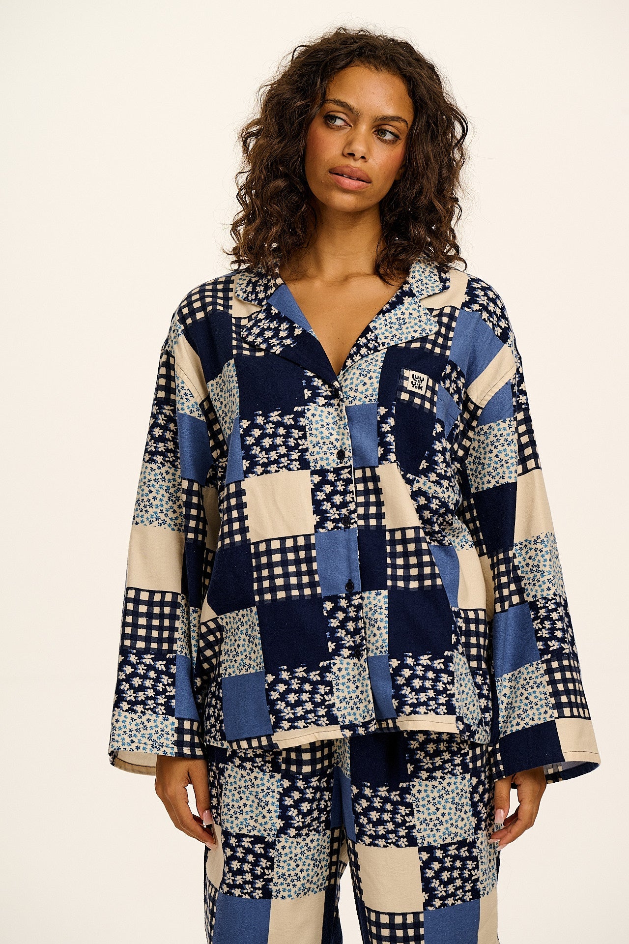 Dreamer - Brushed Cotton Pyjamas Set in Inked Blue Patchwork