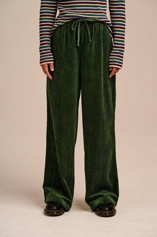 Norris - Wide Leg Corduroy Trousers in Fir Green