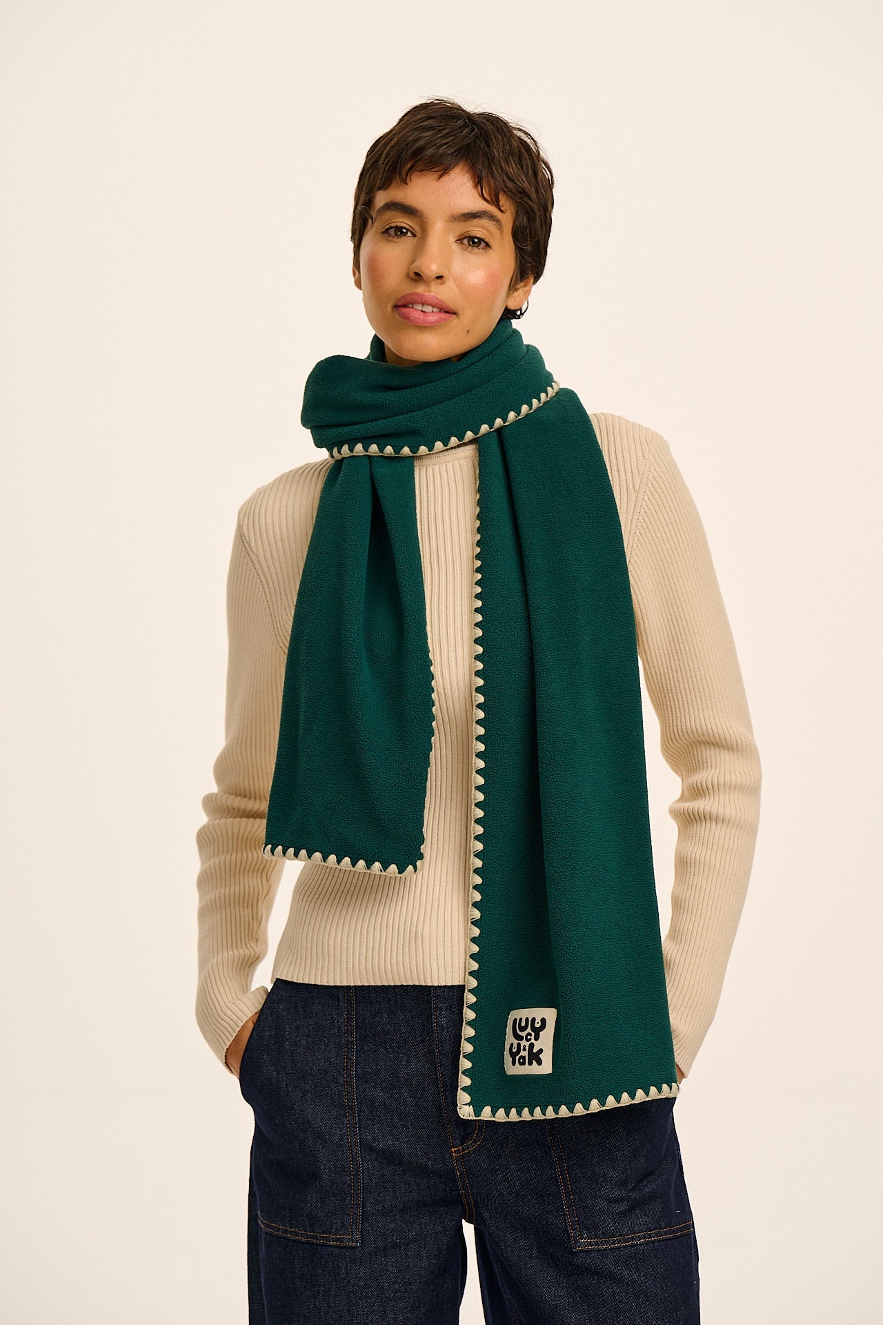 Kiri - Polar Fleece Blanket Stitch Scarf in Teal & Ecru