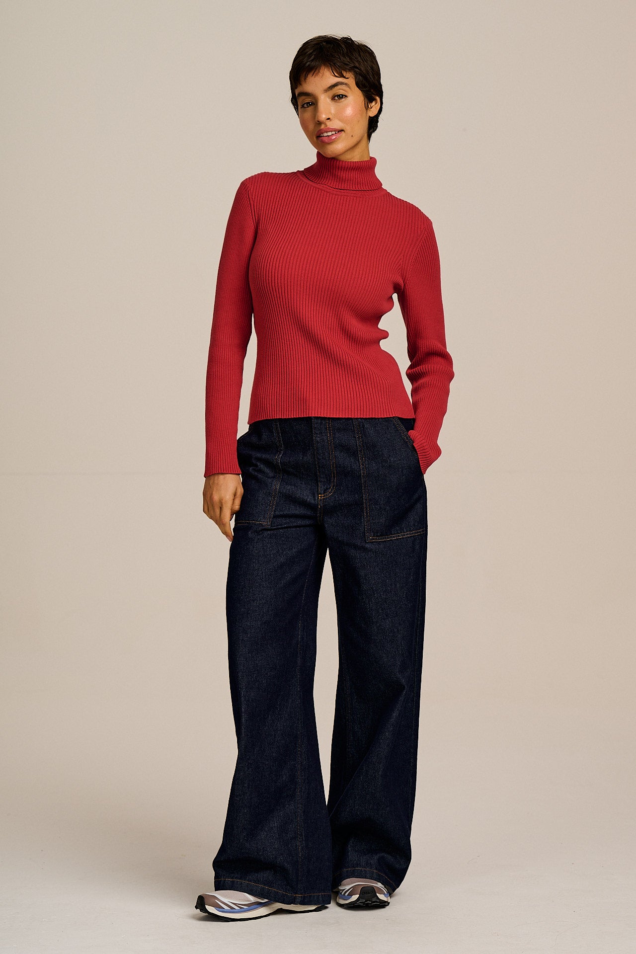 Eva - Cotton Funnel Neck Long Sleeve Top in Cardinal Red