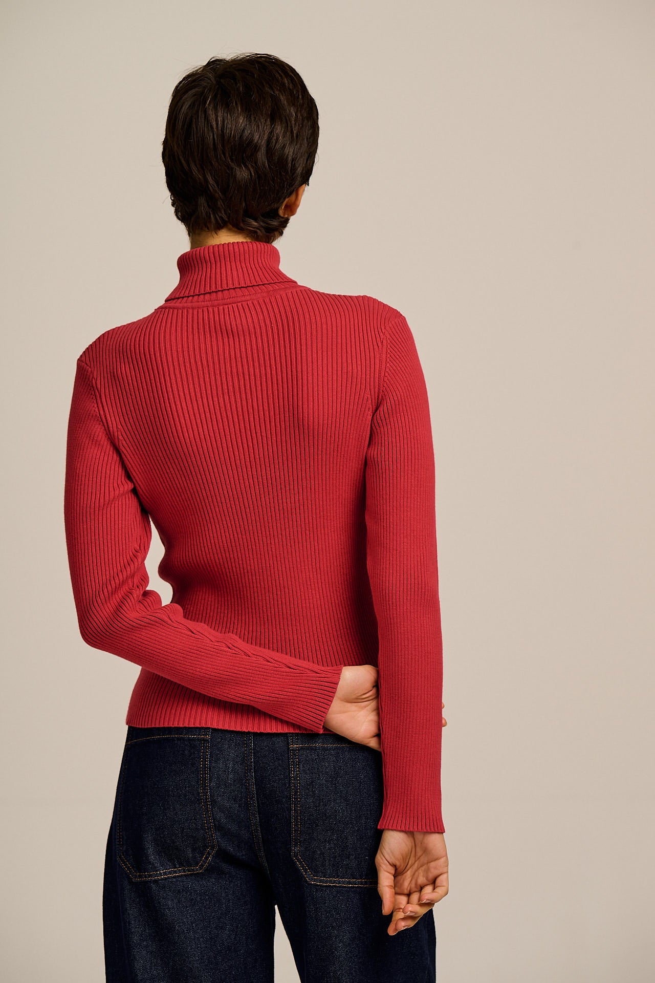 Eva - Cotton Funnel Neck Long Sleeve Top in Cardinal Red