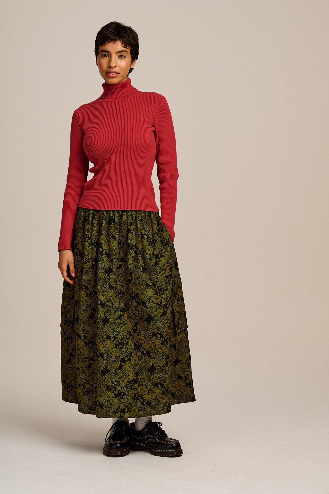 Eva - Cotton Funnel Neck Long Sleeve Top in Cardinal Red