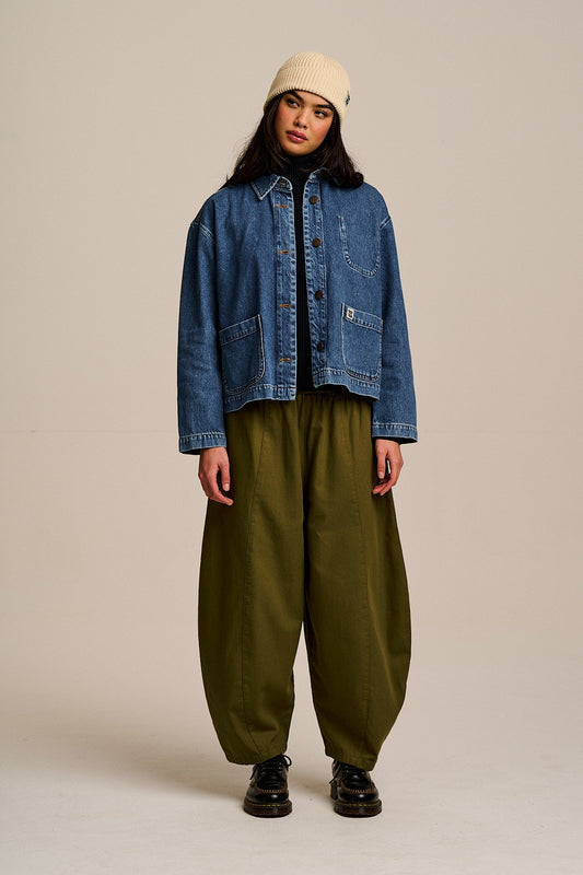 Obregon - Barrel Leg Cotton Trousers in Khaki Green