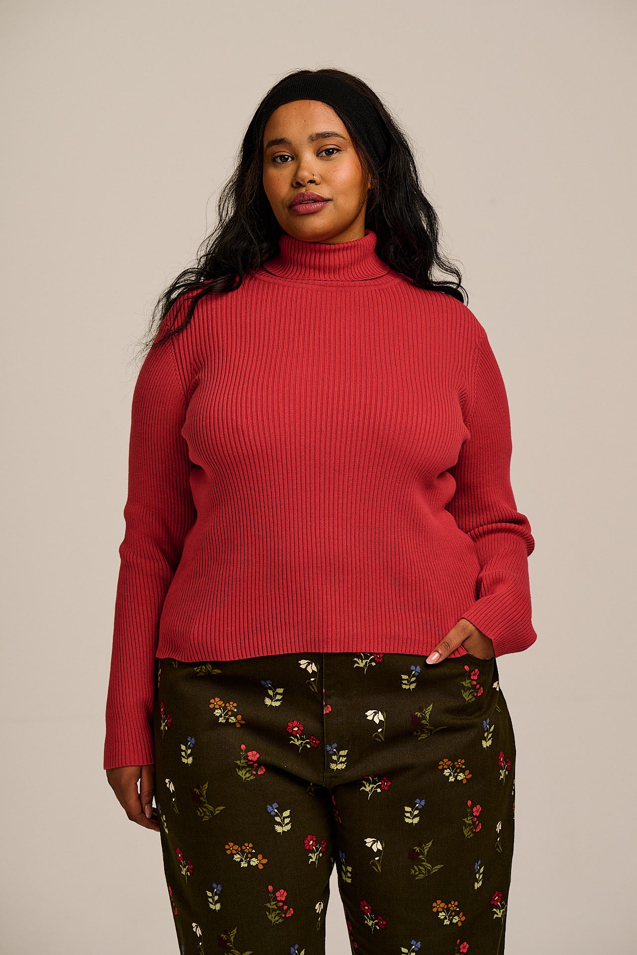 Eva - Cotton Funnel Neck Long Sleeve Top in Cardinal Red