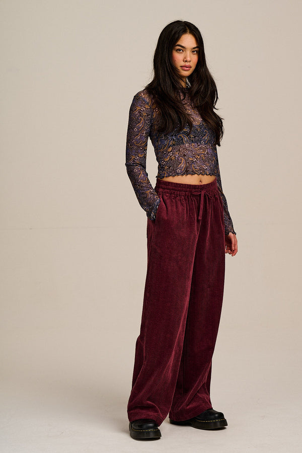 Norris - Wide Leg Corduroy Trousers in Wine Red