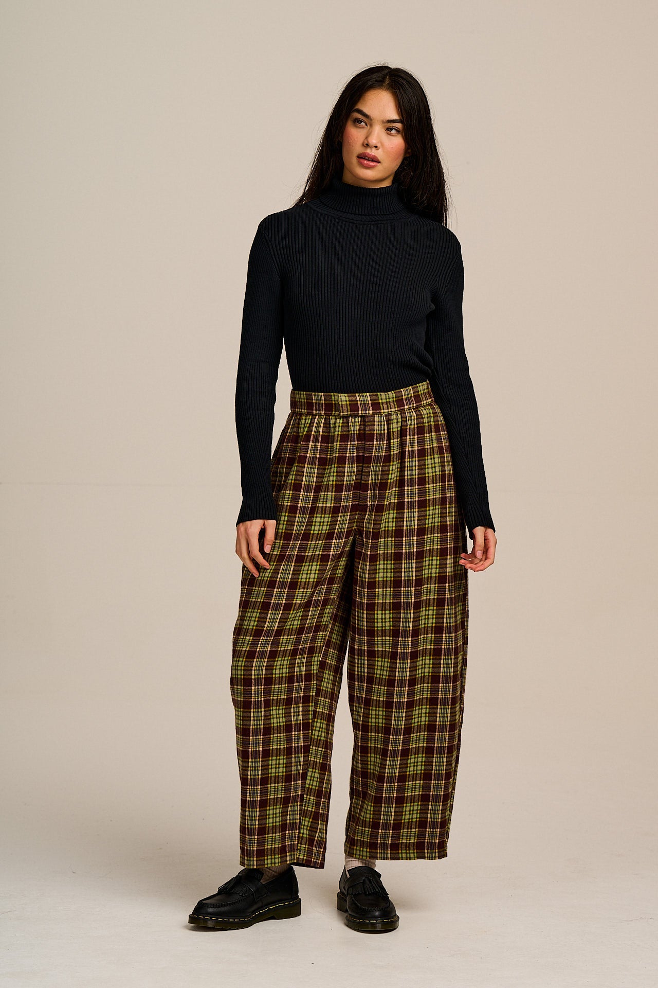 Beau - Barrel Leg Brushed Cotton Trousers in Winter Tartan