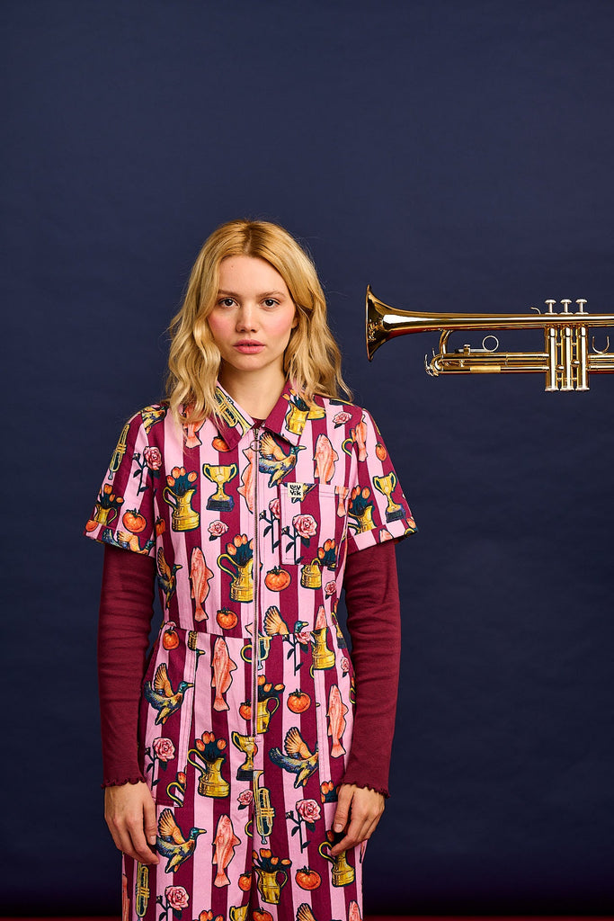 L.E. Ragan Cropped Leg Jumpsuit - Organic Cotton Twill in Artist Print by Emily Furr & Yak